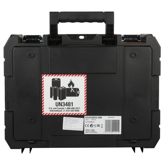 Black DEWALT hard carrying case for power tools with a handle on top. The front displays a hazard label indicating the presence of lithium batteries (UN3481) and product information labels. The SKU is DCS355D2.