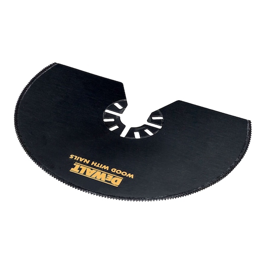 A DEWALT branded black oscillating tool blade designed for cutting wood with nails, featuring a semi-circular shape and fine teeth along the outer edge.