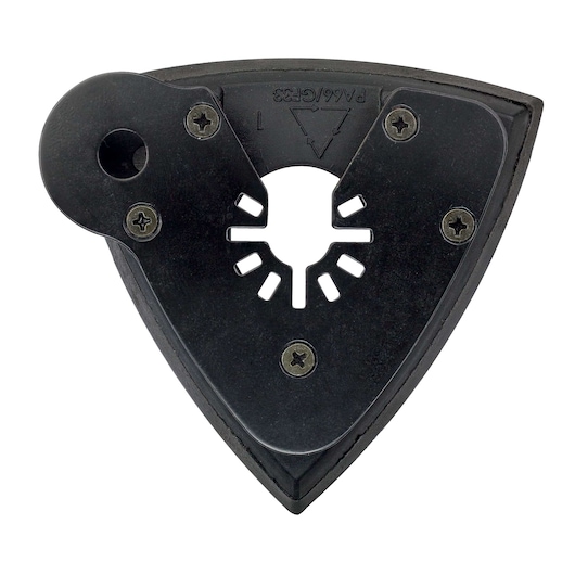 A close-up image of a triangular black sanding pad attachment, suitable for use with a DEWALT multi-tool. The pad has metal screws and a central cut-out for securing to the tool.