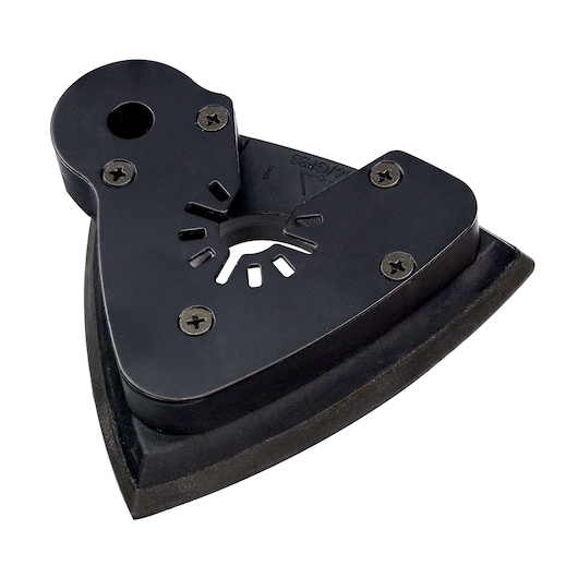 A black triangular sanding pad attachment for a DEWALT oscillating multi-tool, suitable for use with model DCS355D2. The pad has a mounting center with holes and slots for secure fitting, visible screws, and a flat sanding surface.