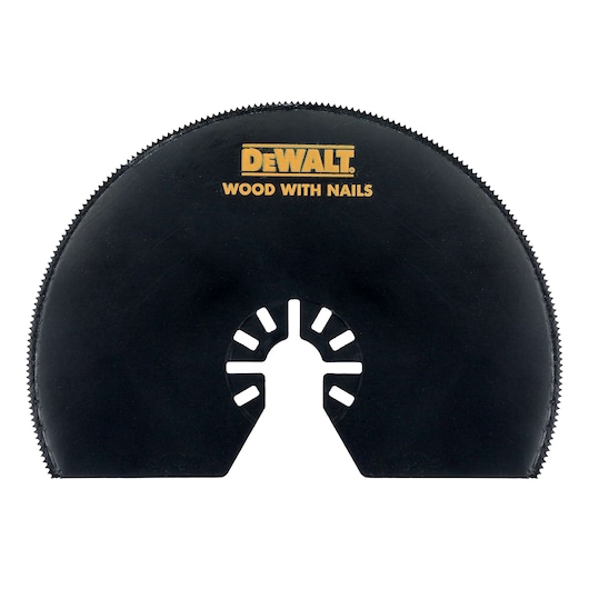 A DEWALT branded circular saw blade accessory, labeled 'WOOD WITH NAILS', designed for cutting wood that contains nails.