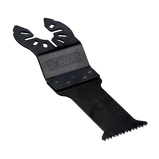 A DEWALT branded black oscillating multi-tool cutting blade, featuring a notched mounting end and serrated cutting edge, photographed against a white background.