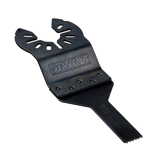 A DEWALT branded black oscillating multi-tool blade, featuring a slotted mounting area and serrated edge for cutting.