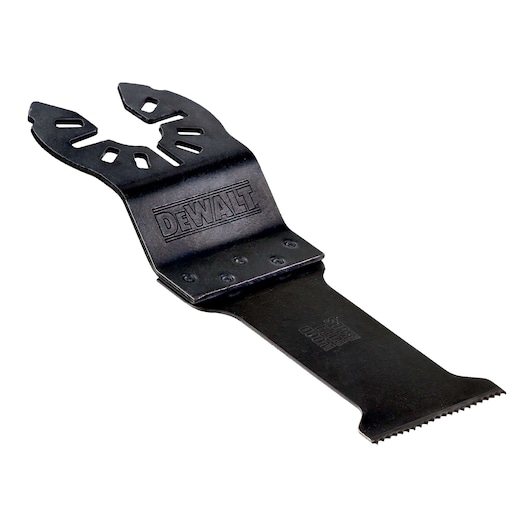 A DEWALT branded oscillating tool blade attachment in black, featuring a toothed cutting edge and a multi-fit connector designed for use with DEWALT power tools.