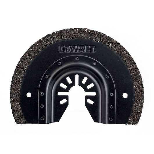 A close-up view of a DEWALT semicircular oscillating multi-tool blade featuring a gritty edge and mounting holes, designed for cutting or grinding.