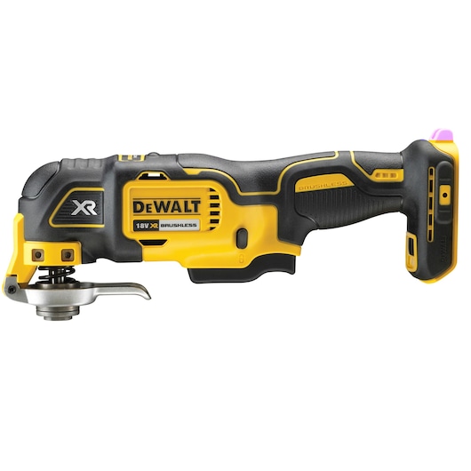 A DEWALT 18V XR brushless oscillating multi-tool, shown in profile, with black and yellow housing and visible blade attachment.