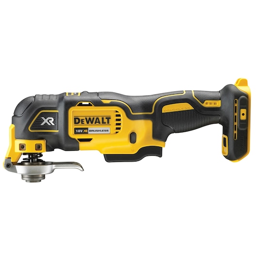 Cordless DEWALT 18V XR brushless oscillating multi-tool with a black and yellow design, suitable for cutting, sanding, and scraping tasks.