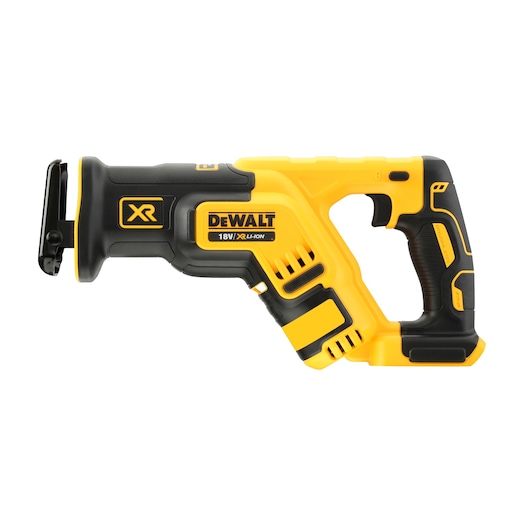 Photo of DEWALT cordless reciprocating saw, yellow/black, SKUs DCS367N, DCS367N-XJ, side view, white background.