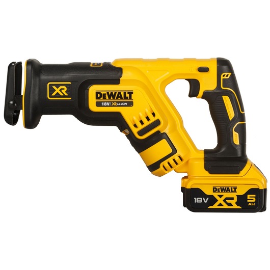 A yellow and black DEWALT 18V XR Li-Ion cordless reciprocating saw with ergonomic handle and detachable battery, model DCS367P2.