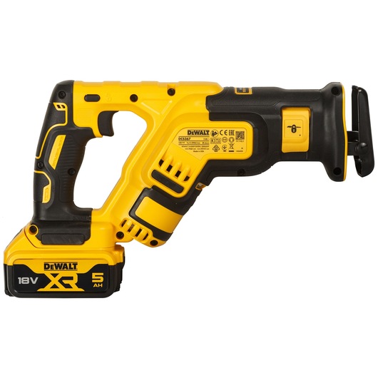 A yellow and black DEWALT cordless reciprocating saw, model DCS367P2, featuring an 18V XR 5Ah battery. The tool has a compact design with ergonomic grip and visible product labels.