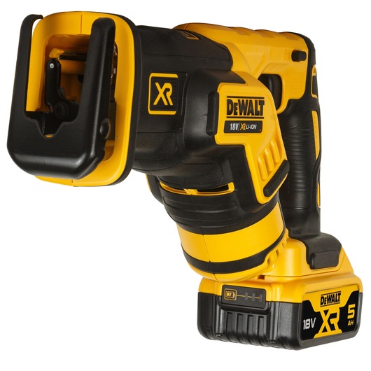A close-up view of a DEWALT 18V XR Li-Ion cordless reciprocating saw, featuring a yellow and black design with a 5 Ah battery attached.