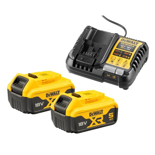 DEWALT battery charger and two 18V XR lithium-ion batteries with 5 amp-hour capacity, shown on a white background.