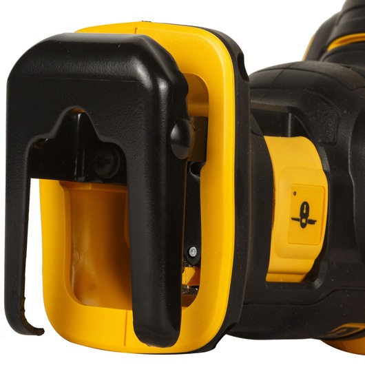 Close-up view of the front section of a DEWALT reciprocating saw, showing the yellow and black blade guard and locking mechanism.