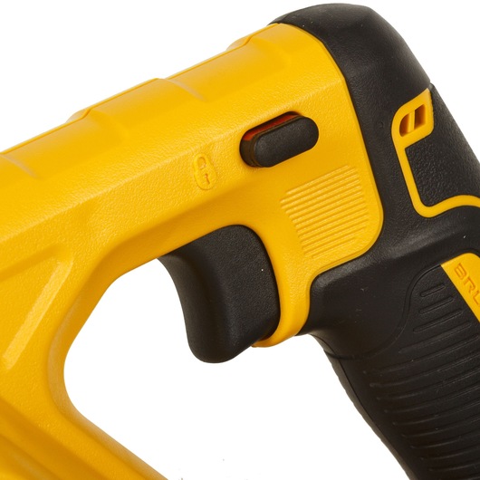 Close-up image of a yellow and black DEWALT power tool handle, featuring a trigger and textured grip.