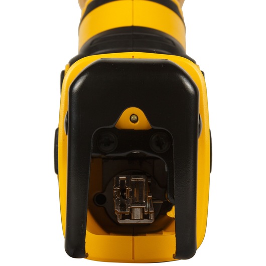 Close-up view of the front end and blade clamp of a DEWALT cordless reciprocating saw, showing the yellow and black design.