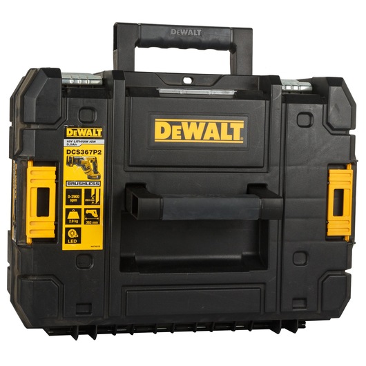 A black and yellow DEWALT-branded hard plastic carrying case, labeled for the DCS367P2 18V Lithium Ion brushless tool kit. The case features a sturdy handle, secure latches, and specifications printed on a yellow label on the left side.