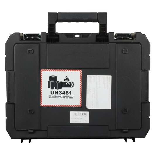 A black DEWALT hard plastic carrying case with a handle, featuring a UN3481 lithium battery warning label and product information stickers on the front.