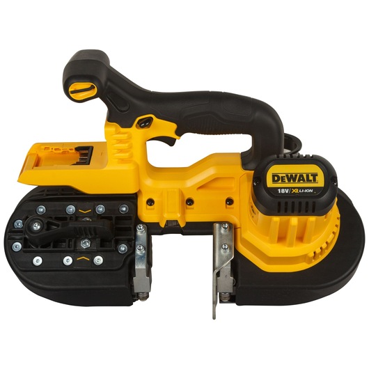 A DEWALT 18V XR Li-Ion cordless portable band saw with a yellow and black body, designed for cutting metal and other materials.