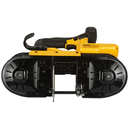 A DEWALT cordless portable band saw, model DCS371N-XJ, featuring a yellow and black ergonomic handle and a large cutting area.
