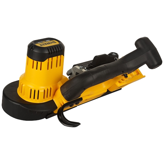 A DEWALT cordless band saw, model DCS371N-XJ, featuring a yellow and black design with a prominent handle and battery compartment.
