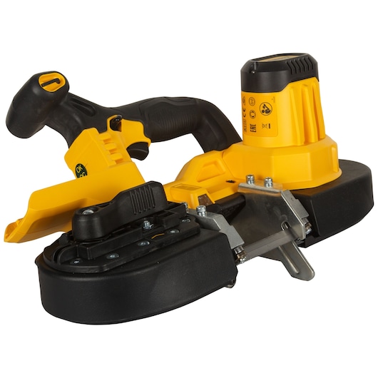 A cordless yellow and black DEWALT portable band saw for cutting metal pipes and materials.