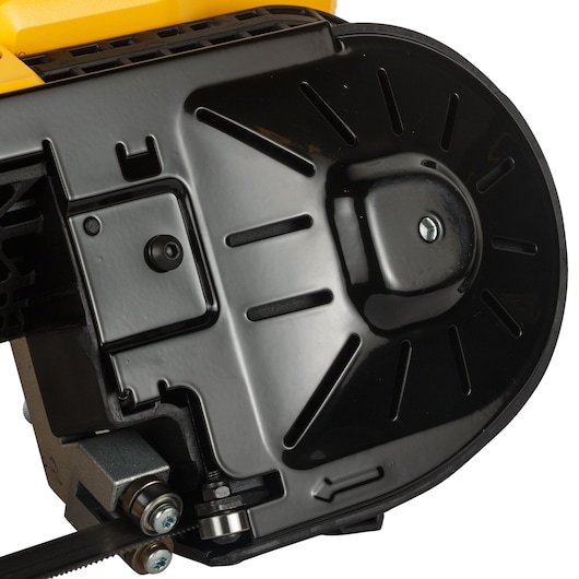 Close-up view of the DEWALT DCS371N-XJ portable band saw, showing the blade and protective housing.