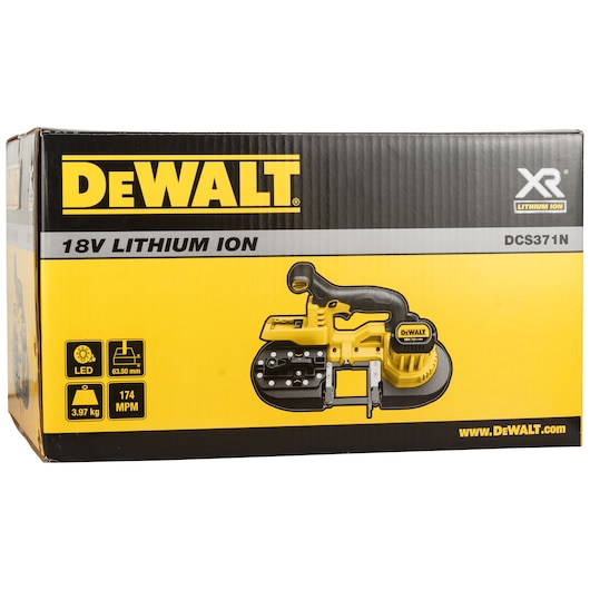 Box of a DEWALT 18V Lithium Ion XR portable band saw, model DCS371N, showing a yellow and black band saw illustration and product features such as LED light, 3.97 kg weight, 63.50 mm cutting capacity, and 174 meters per minute cutting speed.