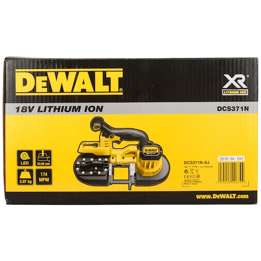 Packaging box for DEWALT DCS371N-XJ 18V Lithium Ion portable band saw. The box displays the tool image, main features such as LED, 63.50mm cutting capacity, 3.97kg weight, 174 m/min speed, and XR Lithium Ion branding.