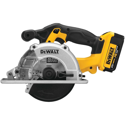 A DEWALT cordless metal cutting circular saw with a black and yellow handle and a 20V MAX XR lithium battery, shown from the side.