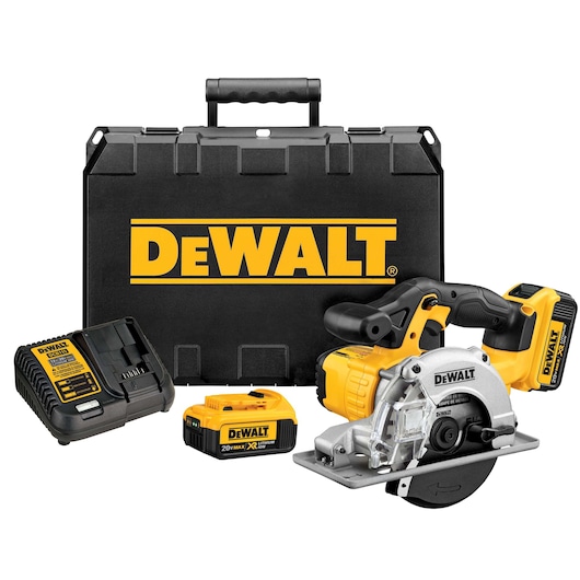 A DEWALT cordless circular saw kit, including a yellow and black circular saw, battery charger, spare battery, and black carrying case with the DEWALT logo.