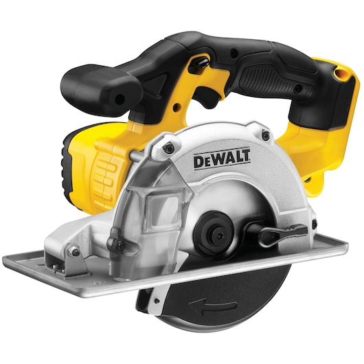 Cordless DEWALT circular saw with yellow and black handle, metal blade guard, and visible cutting blade.