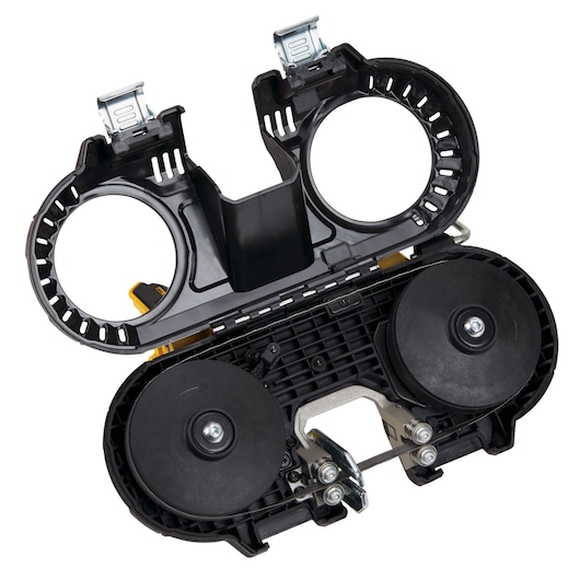 Close-up image of the inside of a DEWALT portable band saw, showing the two blade wheels and internal mechanisms with the cover open.