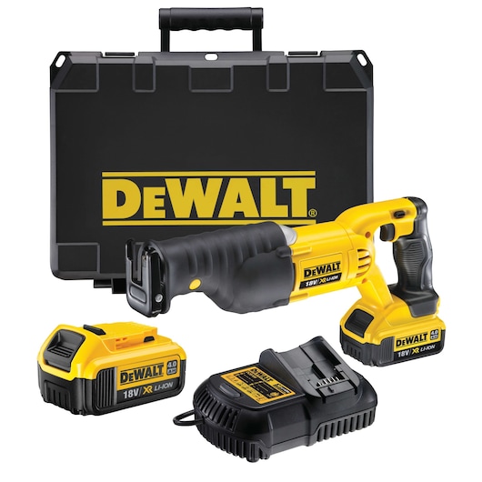 DEWALT cordless reciprocating saw kit, including a yellow and black 18V XR Li-Ion reciprocating saw, two rechargeable batteries, a charger, and a black carrying case with DEWALT branding.