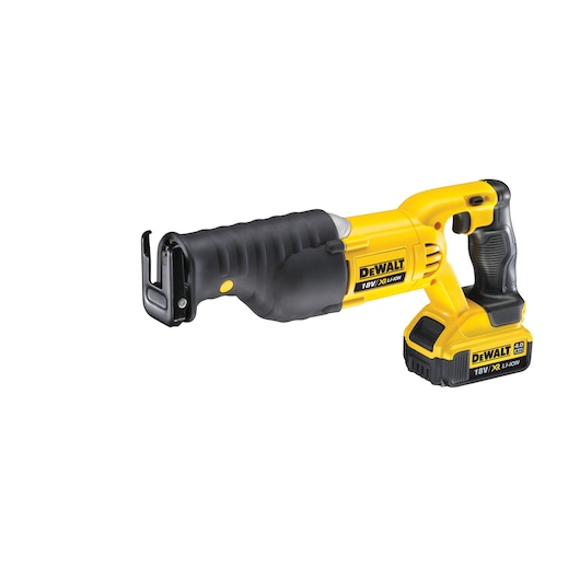 A yellow and black cordless reciprocating saw by DEWALT, model DCS380M2, with an 18V XR Li-Ion battery, designed for cutting various materials.