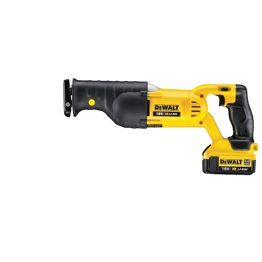DeWalt 18V cordless reciprocating saw with black and yellow body and battery, product model DCS380M2.