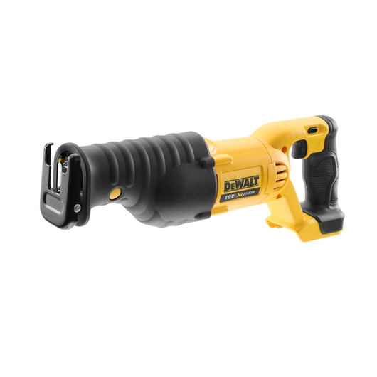 DEWALT cordless reciprocating saw, yellow and black, 18V XR Li-Ion, shown without blade or battery.