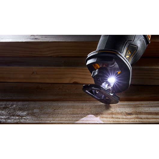 On-board LED light feature of a brushless cordless reciprocating saw.