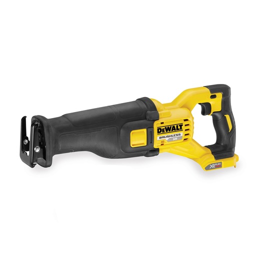 DEWALT cordless reciprocating saw, yellow and black, brushless model, no blade attached, isolated on white.