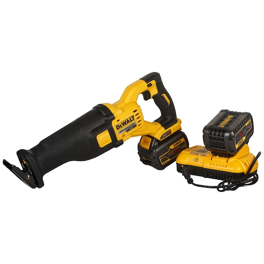 DEWALT cordless reciprocating saw with a yellow and black design, accompanied by a battery pack and a charger.