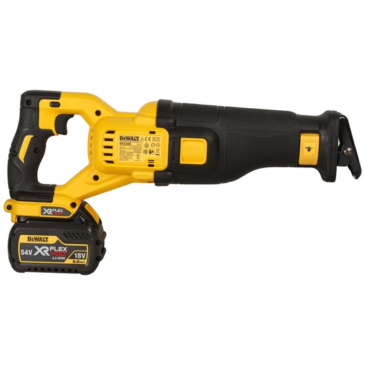 A DEWALT cordless reciprocating saw with a yellow and black design, featuring a 54V XR FLEXVOLT lithium-ion battery. The tool has a contoured handle and visible product labeling.