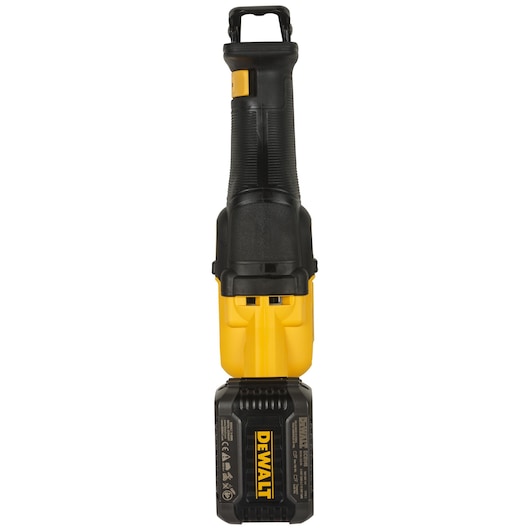 A DEWALT cordless reciprocating saw with a yellow and black design, viewed from the front, showing its handle and battery.
