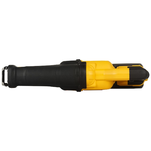 Top view of a DEWALT cordless power tool with a yellow and black handle, likely a saw or drill, photographed against a white background.