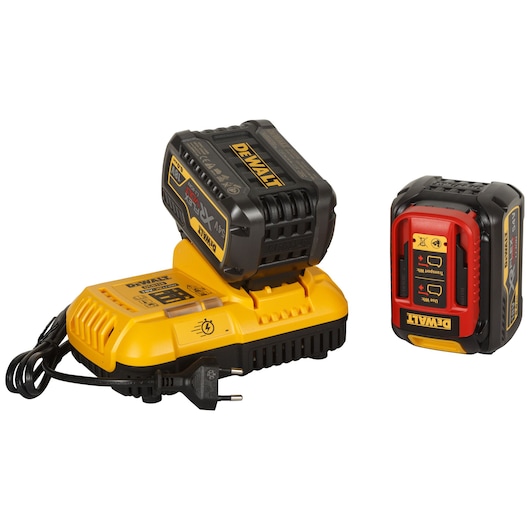 A DEWALT battery charger set with a yellow and black charger and two black and yellow rechargeable batteries. The charger has a plug attached, and one battery is inserted into the charger, while the other battery is placed next to it.