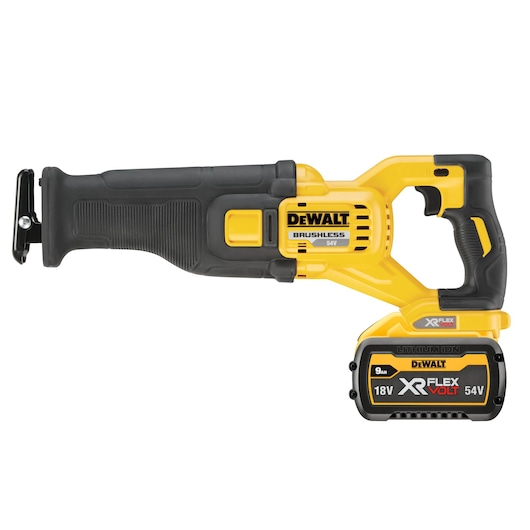 A DEWALT cordless reciprocating saw with brushless motor, XR FlexVolt 54V lithium-ion battery, shown in yellow and black colors.