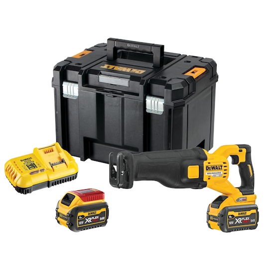 DEWALT cordless reciprocating saw kit including a black and yellow saw, two XR FLEXVOLT batteries, a battery charger, and a black hard carrying case.