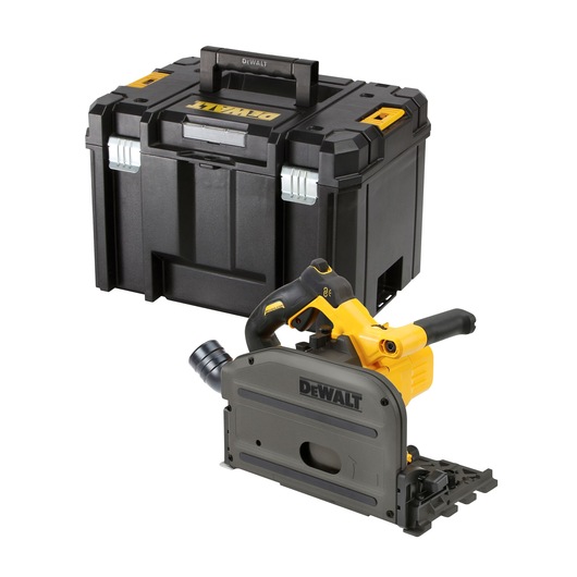 DEWALT plunge saw with black case. Power tool and storage box shown on white background.