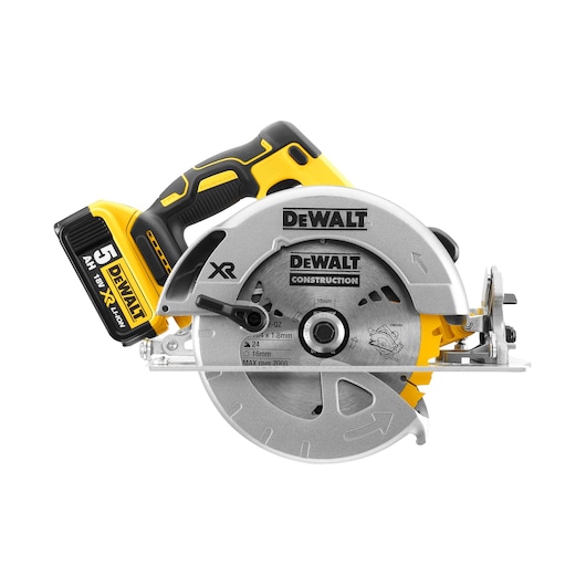 DEWALT cordless circular saw DCS570P2 with blade and battery, designed for construction work.