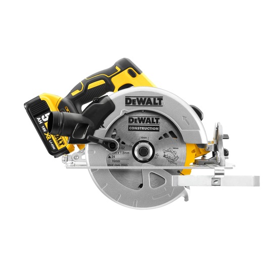 DEWALT DCS570P2 cordless circular saw with blade, ergonomic handle, and battery, shown on white background.