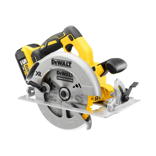 DEWALT cordless circular saw with blade, handle, and battery for construction or woodworking tasks.