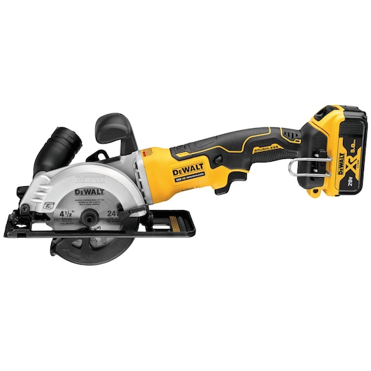 A DEWALT 20V cordless circular saw, model DCS571P2, with a yellow and black design. The saw features a brushless motor and a detachable battery, suitable for woodworking and construction tasks.